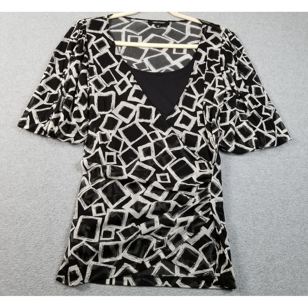 Karen Kane Wrap Top Women's‎ Medium M Black White Geometric Short Bubble Sleeves